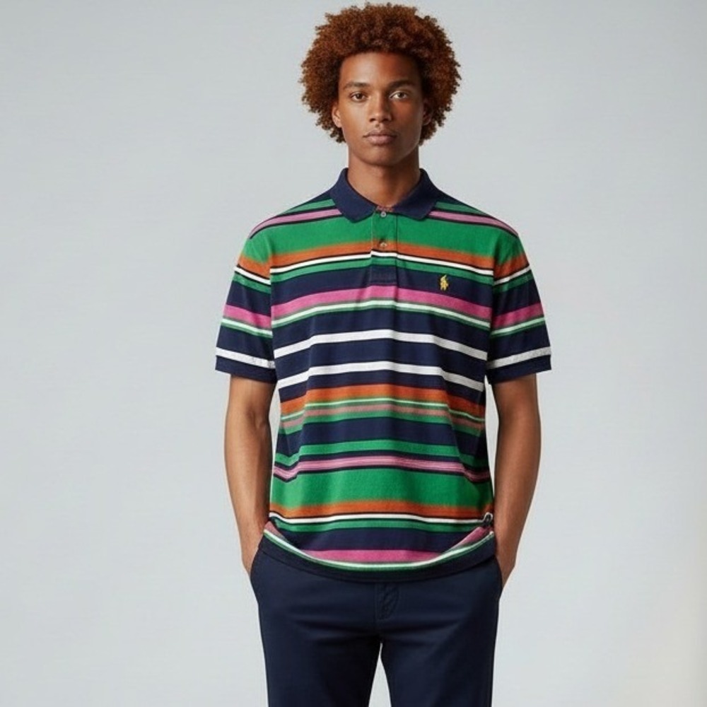 Polo Ralph Lauren Mens Medium Striped Mesh Polo Shirt Multi Color VTG Y2K Shirt
